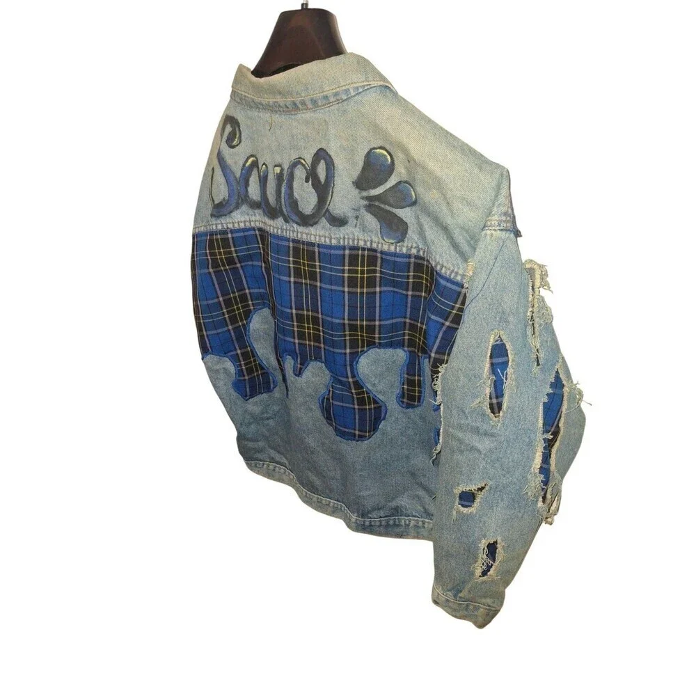 Custom Vintage Denim Jacket Trucker Size L Sauce Blue Plaid Drip Rizz Ripped‎